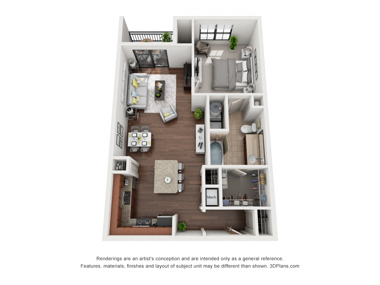 Floor plan for 1 bed, 1 bath, 756 sqft